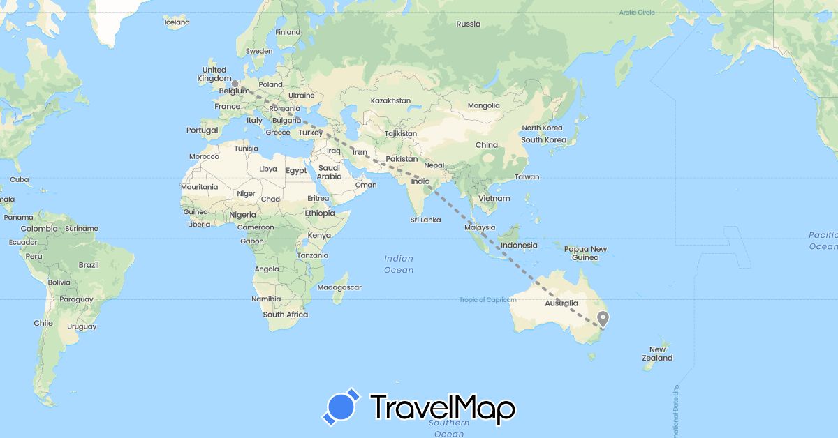 TravelMap itinerary: driving, plane in Australia, Netherlands, Singapore (Asia, Europe, Oceania)